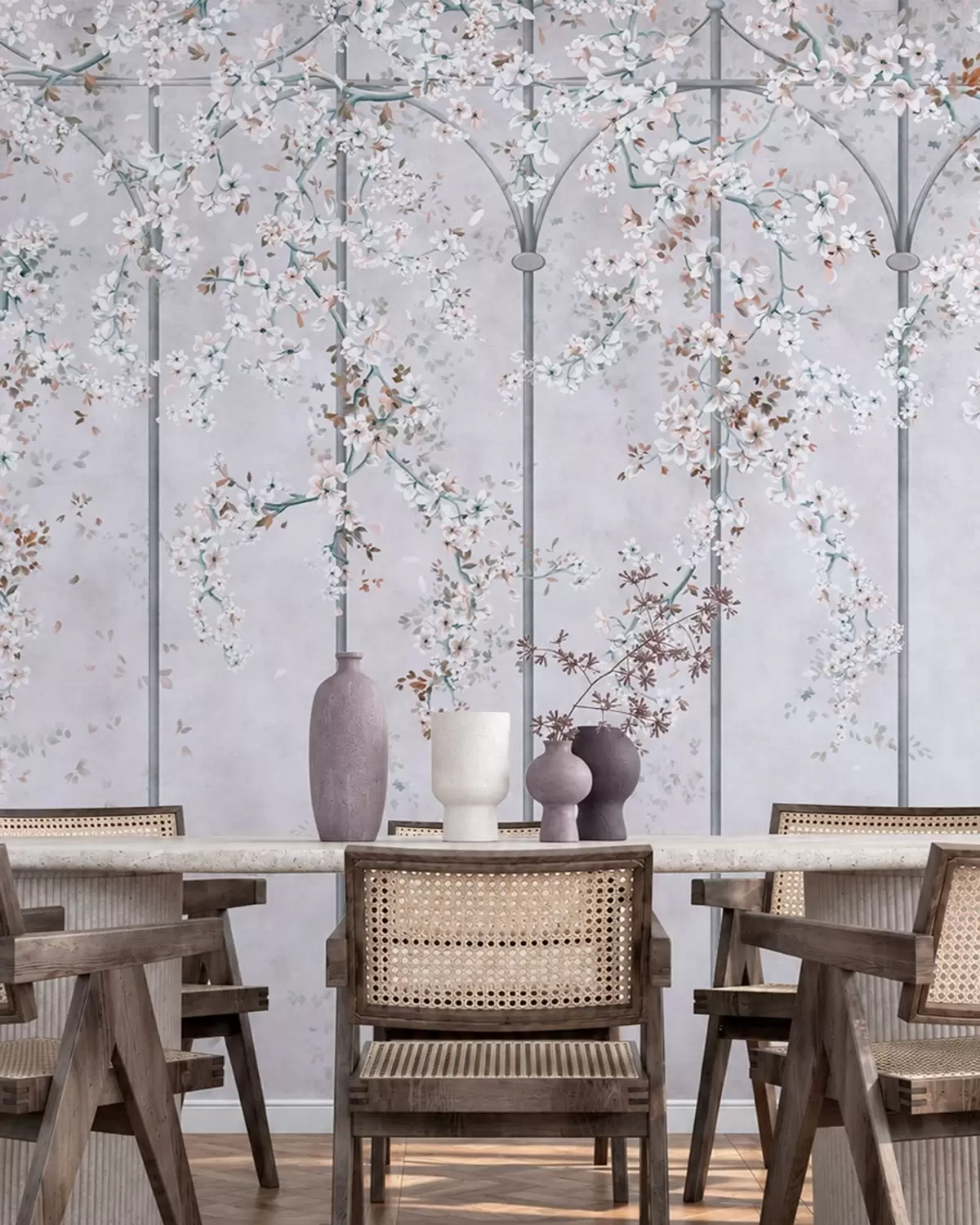 murales de pared Ramas con flores blancas sobre un enrejado decorativo azul y gris w05923v1