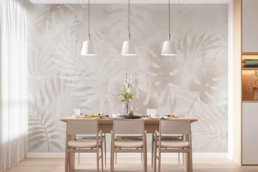 murales de pared Hojas tropicales con efecto grunge en tonos beige difuminados w10080