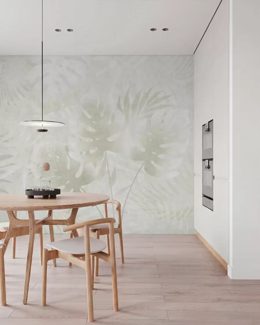 murales de pared Hojas tropicales con efecto grunge en tonos beige neutros w10080v1