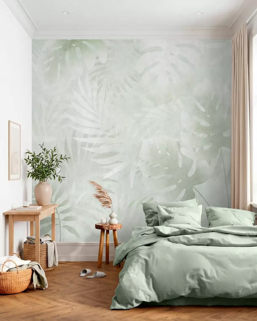 murales de pared Hojas tropicales con efecto grunge en tonos verdes w10080v2