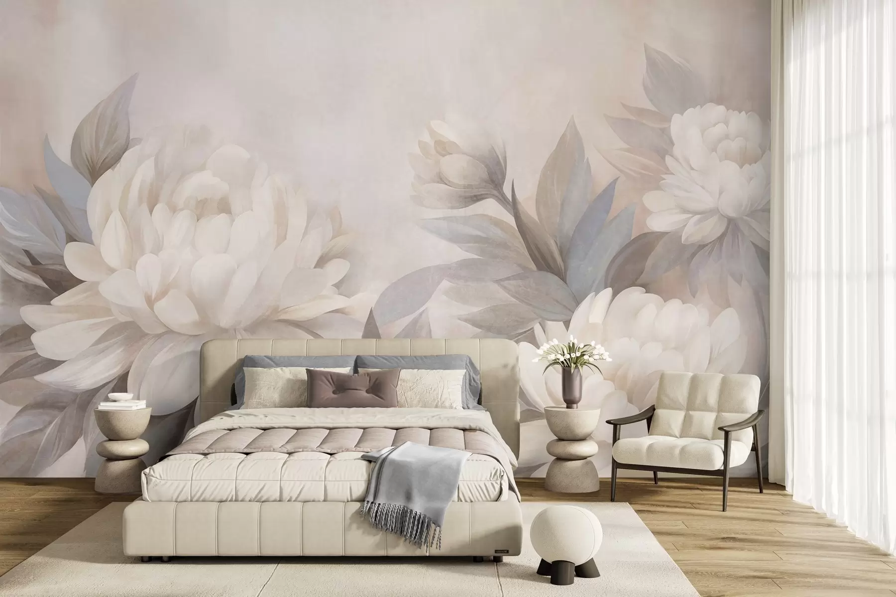 murales de pared Peonías con textura y hojas en tonos apagados, sobre un fondo en suaves tonos pastel w10061