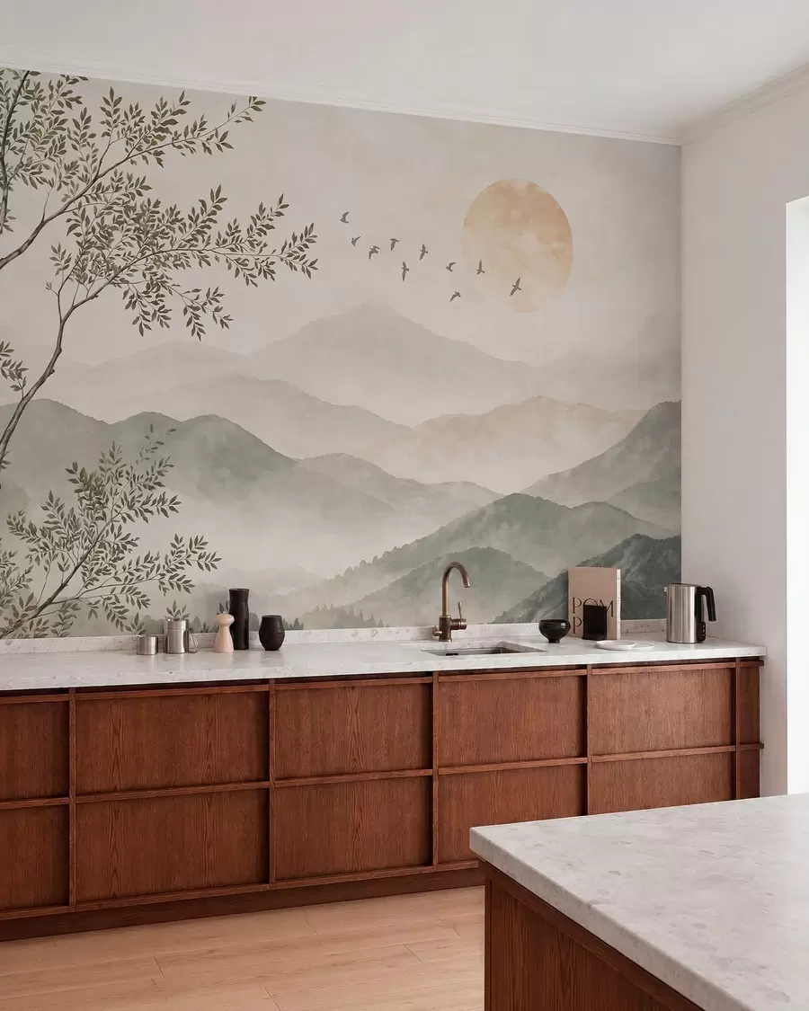 murales de pared Paisaje de montaña con un árbol, pájaros y el sol w05924