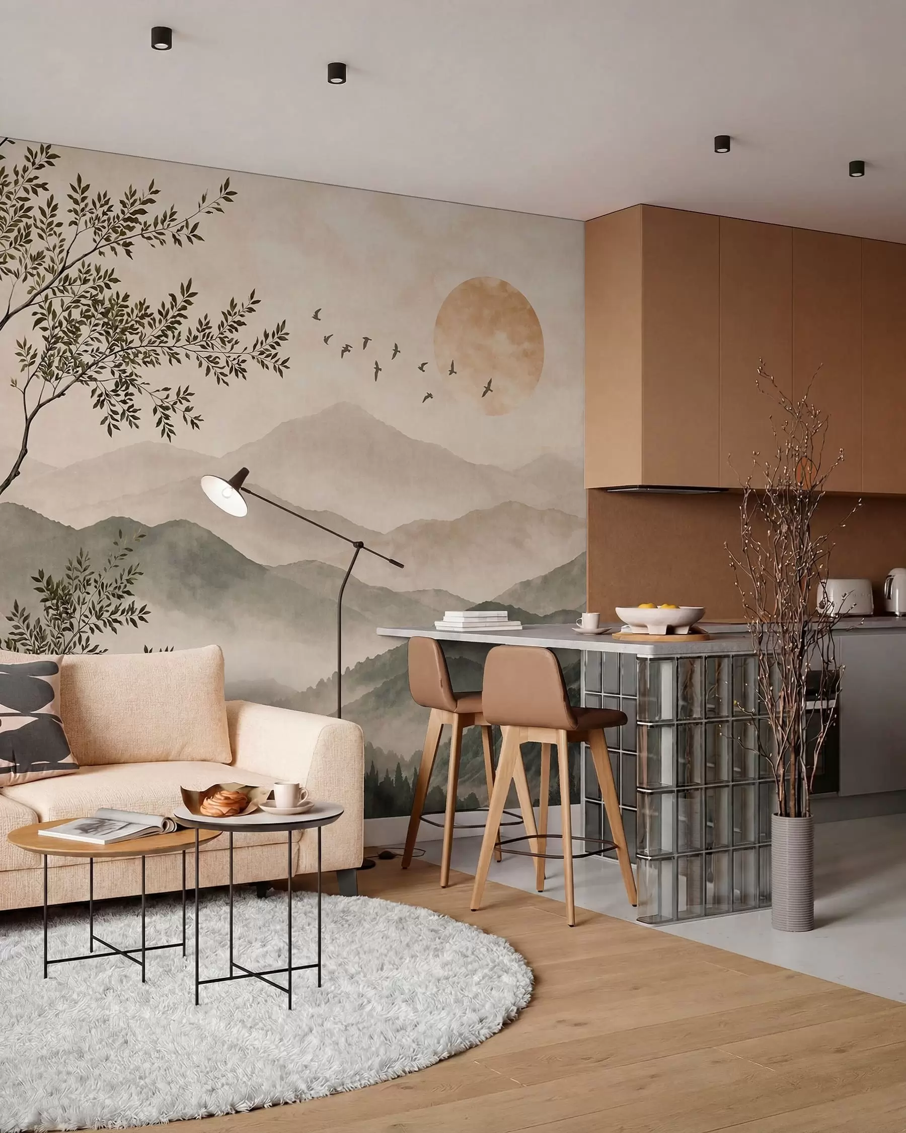 murales de pared Cordilleras con un árbol, pájaros y el sol w05924v3