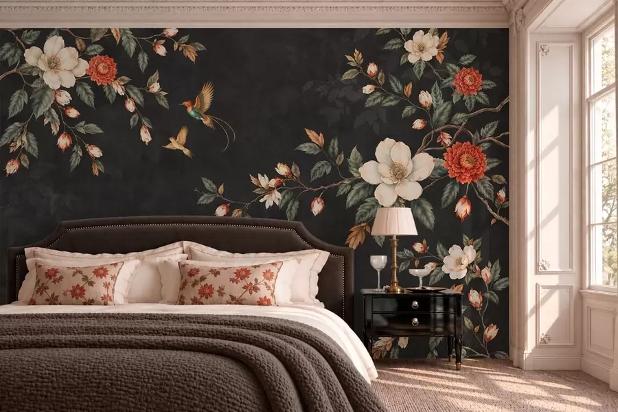 murales de pared Ramas en flor y dos pájaros sobre un fondo oscuro w05927