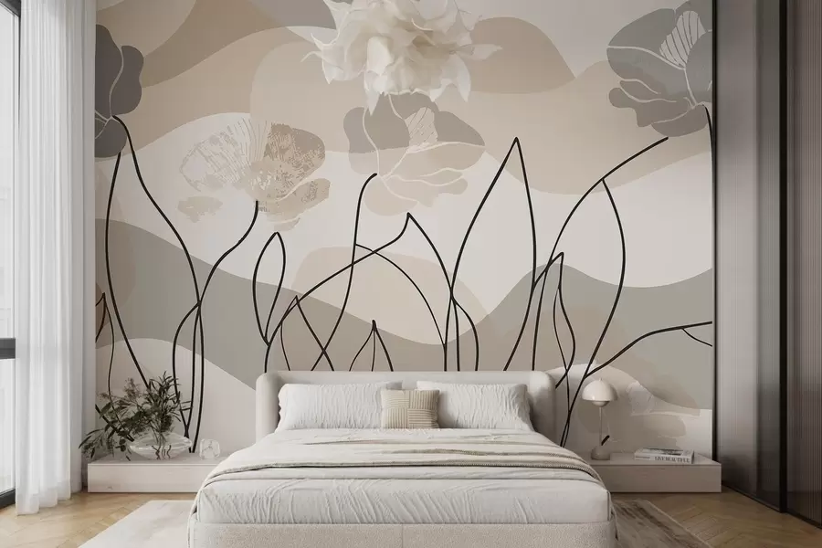murales de pared Abstracción en beige con flores perfiladas w09989
