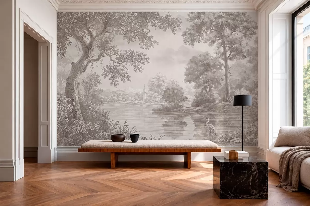 murales de pared Paisaje forestal monocromo con un lago y una garza w05805