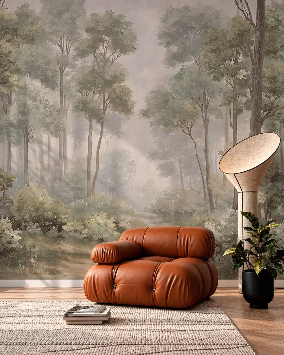 murales de pared Bosque brumoso con un sendero entre árboles y arbustos w05889v2