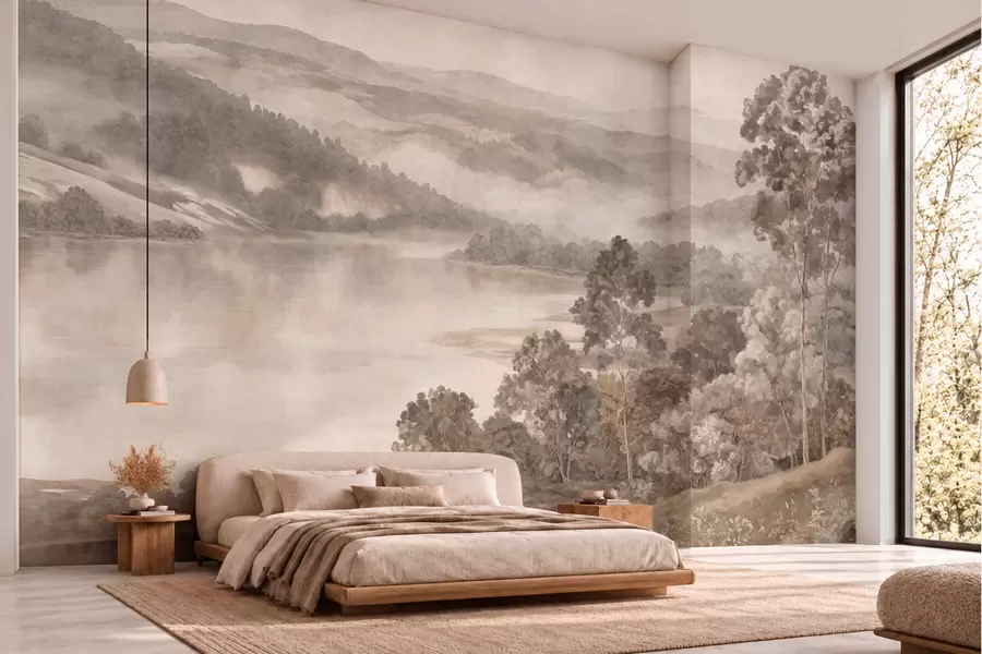 murales de pared Lago entre colinas brumosas w05928