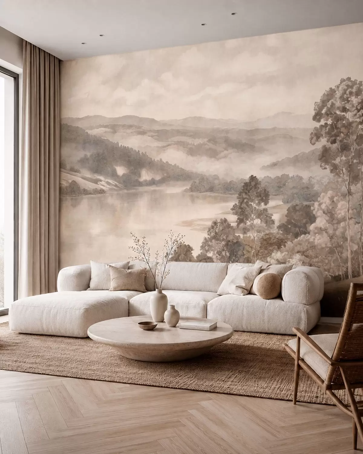 murales de pared Lago entre colinas brumosas w05928