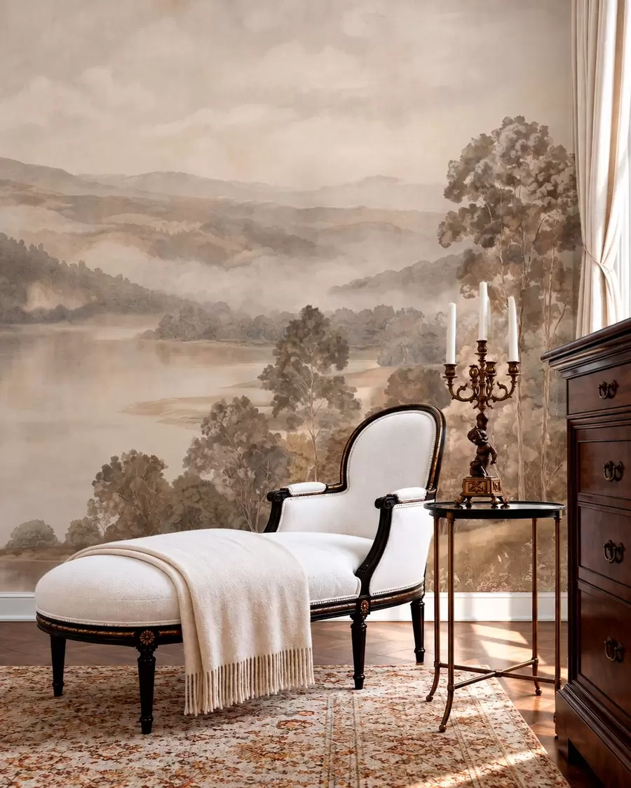 murales de pared Un lago rodeado de montañas boscosas en cálidos tonos pastel w05928v1
