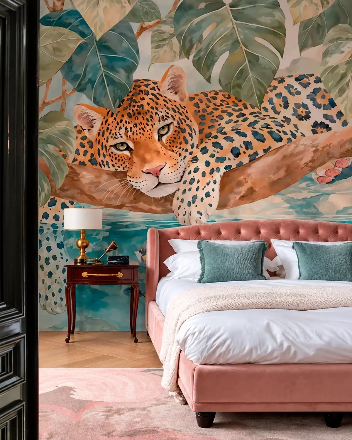 murales de pared Leopardo sobre agua azul w05954