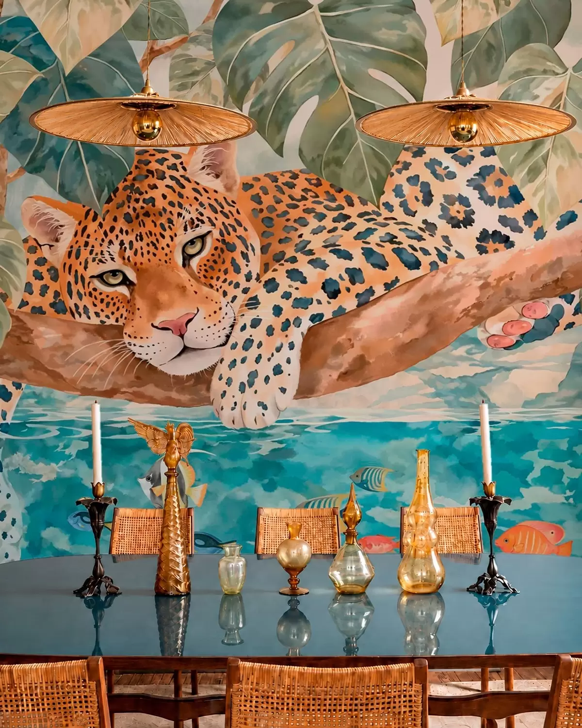 murales de pared Leopardo sobre agua azul w05954