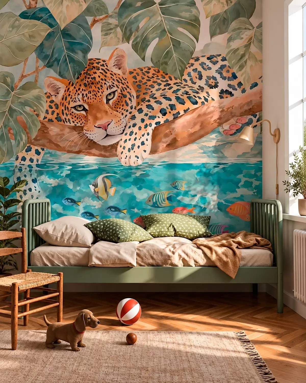 murales de pared Leopardo sobre agua azul w05954