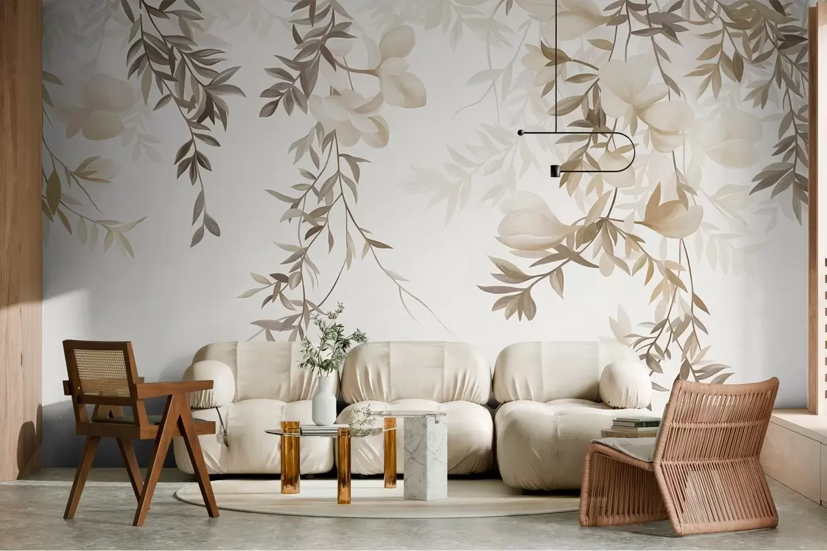 murales de pared Ramas de sauce colgantes y delicadas flores en tonos beige apagados w10081