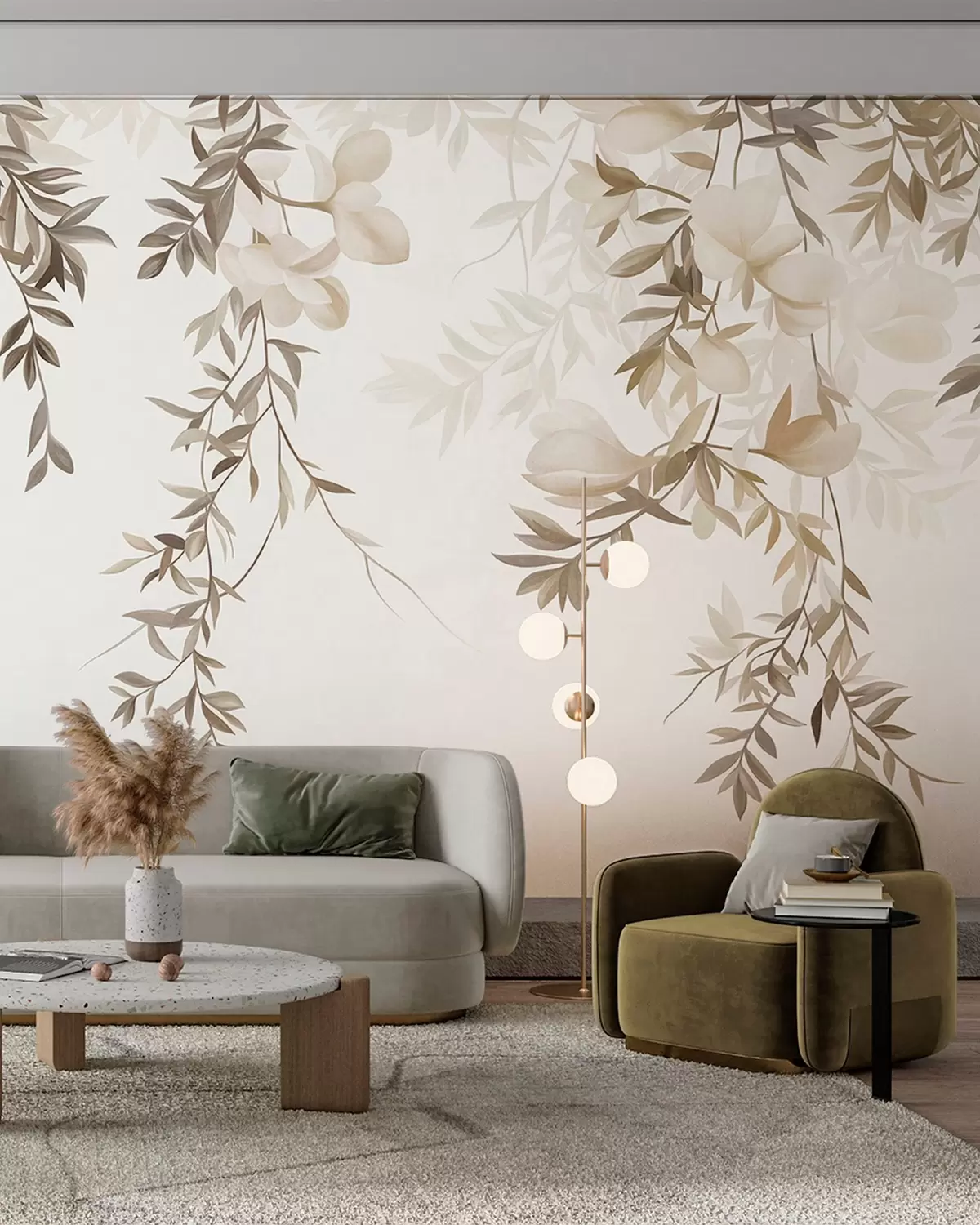 murales de pared Ramas de sauce colgantes y delicadas flores en tonos beige apagados w10081