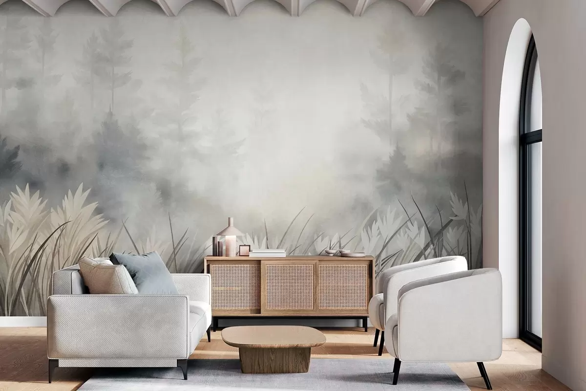 murales de pared Paisaje con hierba alta silvestre y un bosque de pinos, en un estilo minimalista con textura w10082