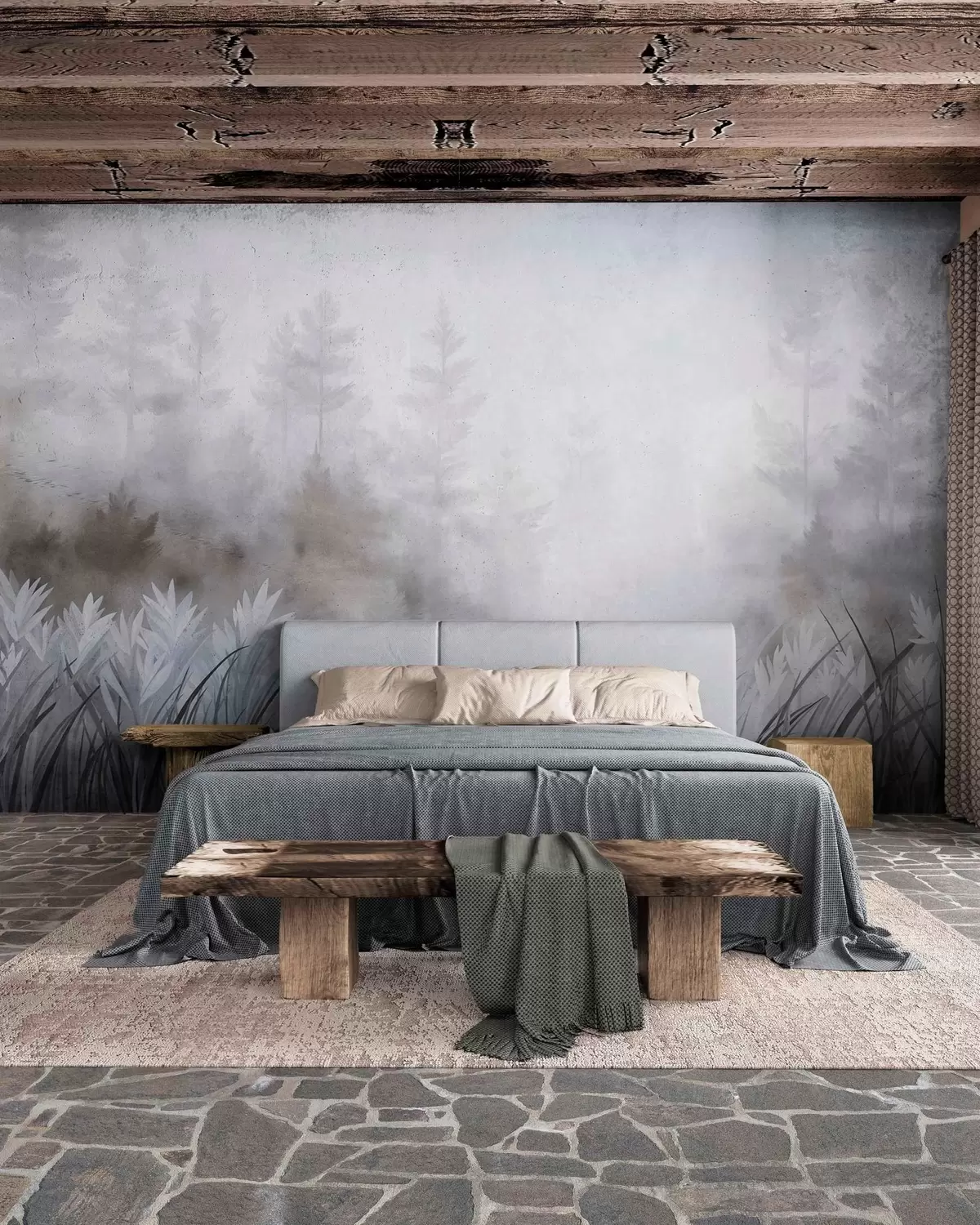 murales de pared Paisaje con hierba alta silvestre y un bosque de pinos, en un estilo minimalista con textura w10082v1