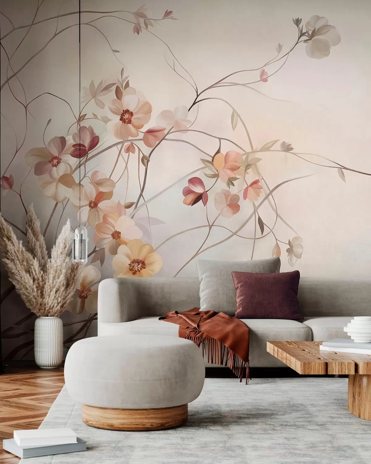 murales de pared Enredaderas con delicadas flores de color melocotón y crema w10083