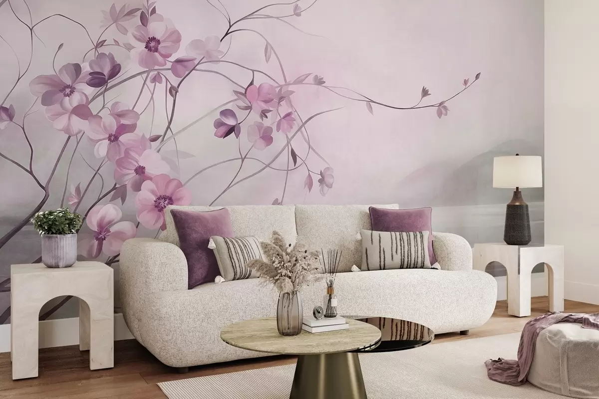 murales de pared Enredaderas sinuosas con delicadas flores de color rosa apagado w10083v1