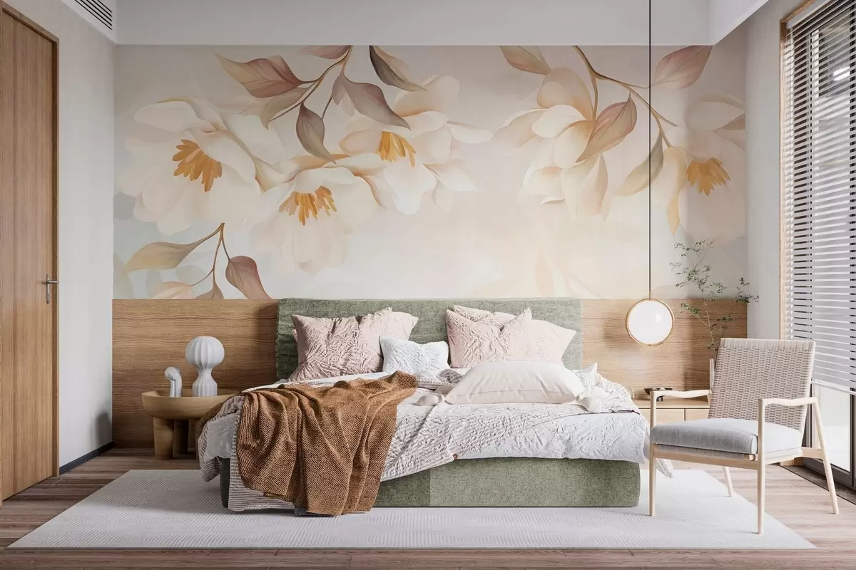 murales de pared Flores de magnolia con delicadas hojas marrones que cuelgan de las ramas w10086