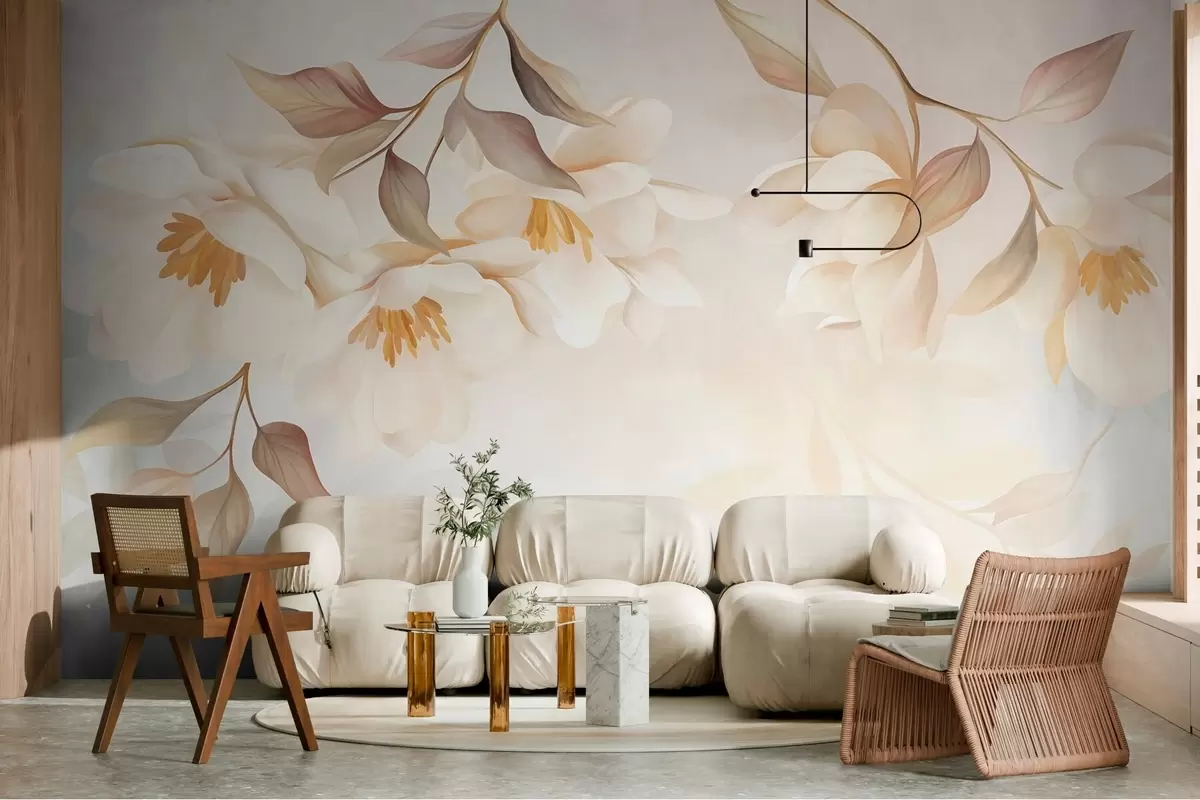 murales de pared Flores de magnolia con delicadas hojas marrones que cuelgan de las ramas w10086