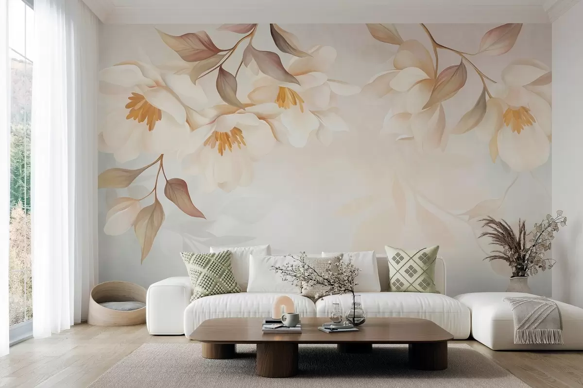 murales de pared Flores de magnolia con delicadas hojas marrones que cuelgan de las ramas w10086