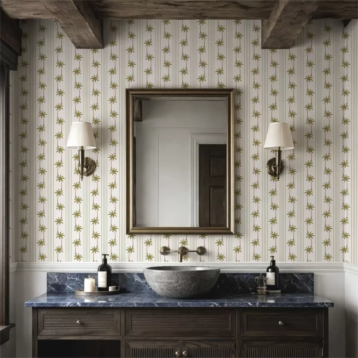 Papel pintado Rayas verticales con palmeras sobre un fondo claro a01278
