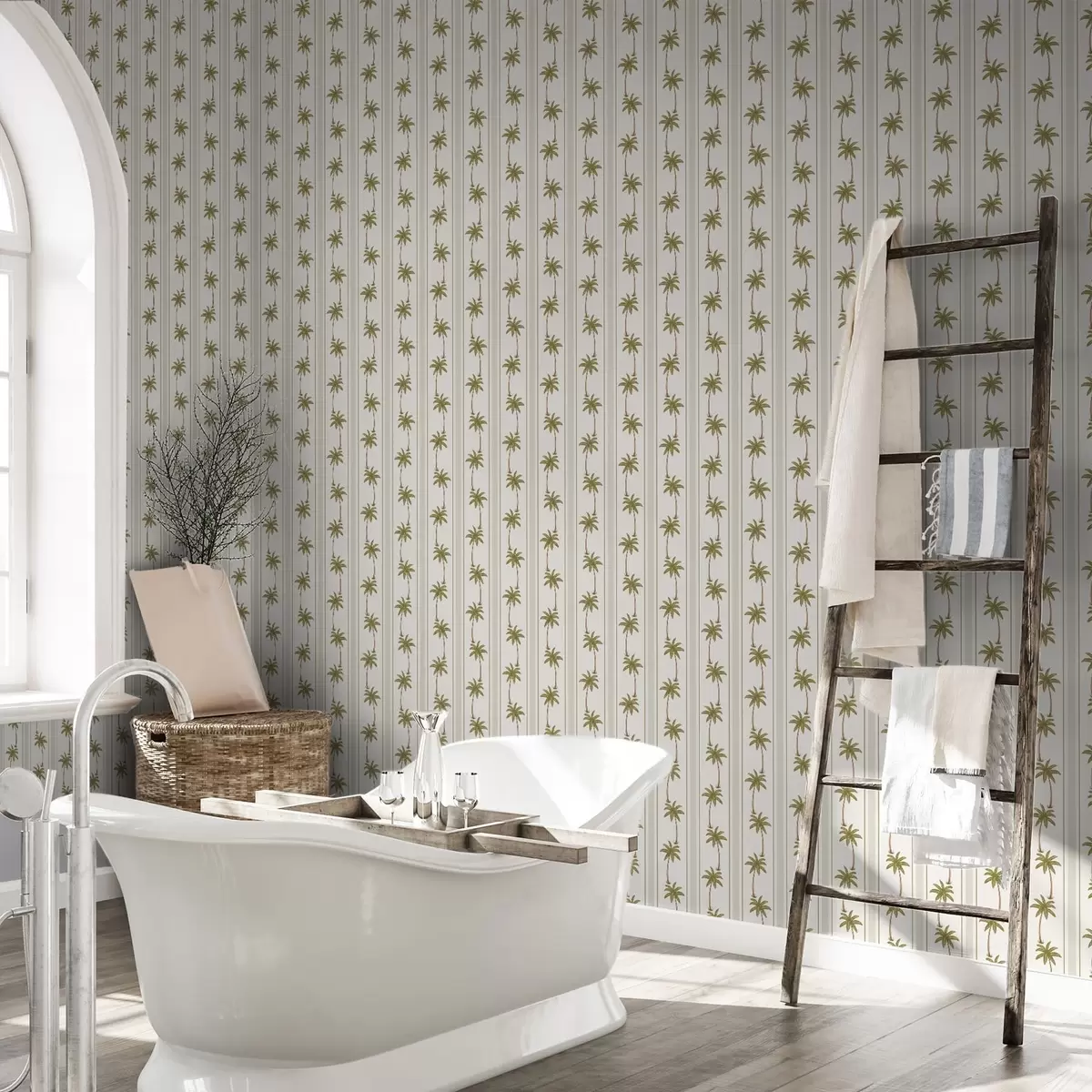 Papel pintado Rayas verticales con palmeras sobre un fondo claro a01278