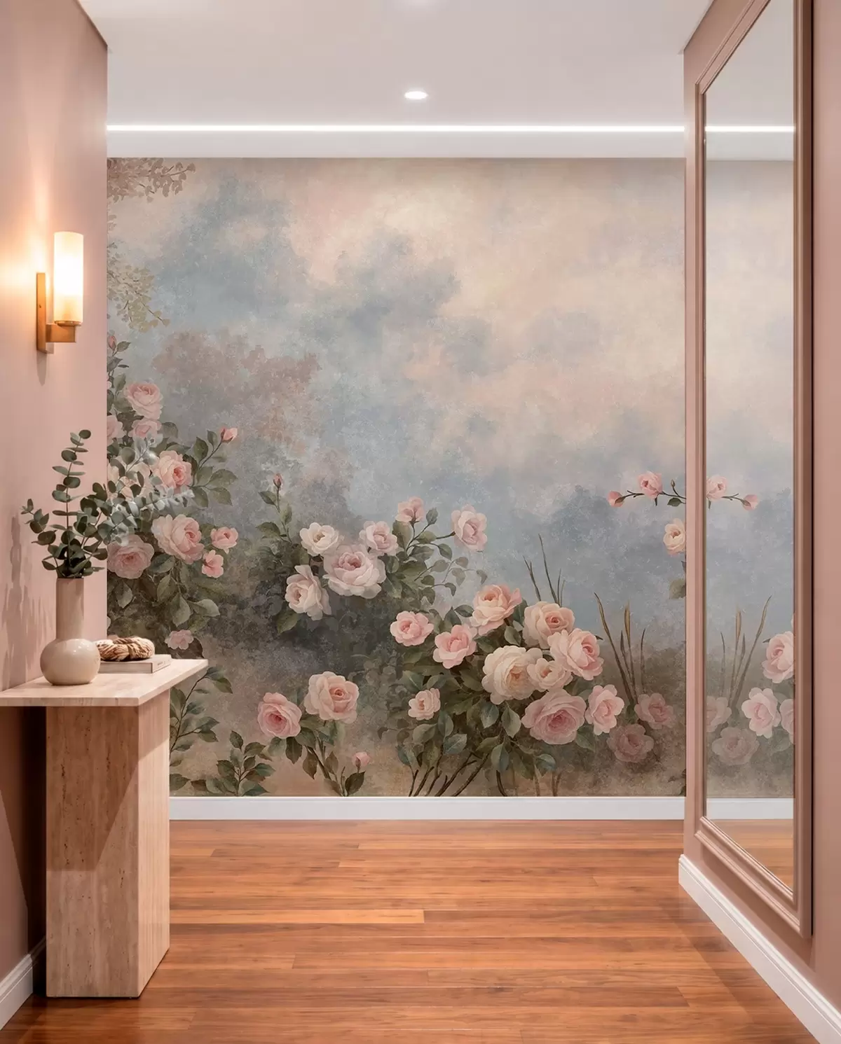 murales de pared Exuberantes rosales de color rosa en un paisaje brumoso w05888