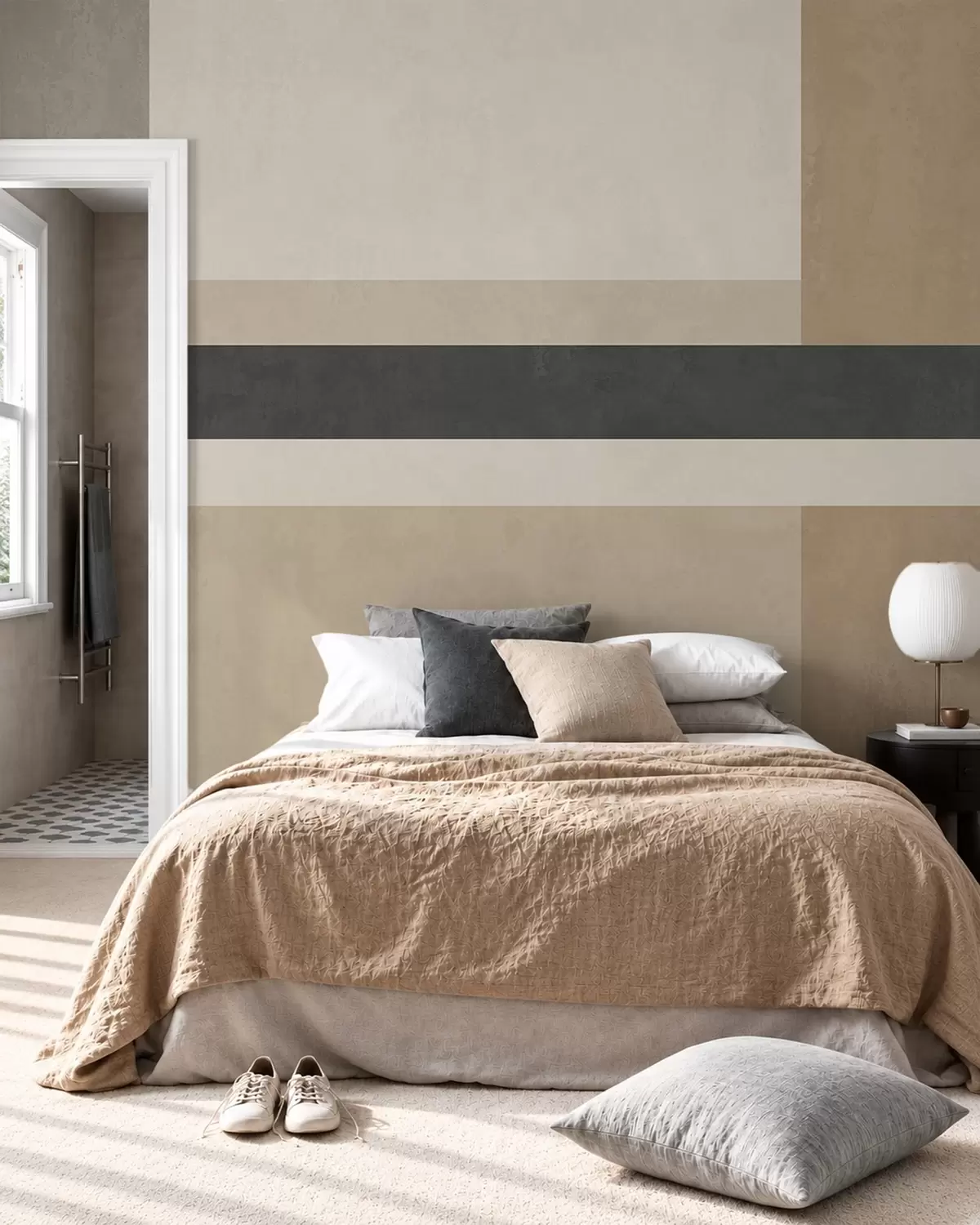 murales de pared Rectángulos abstractos en tonos beige cálidos con una raya oscura w05890