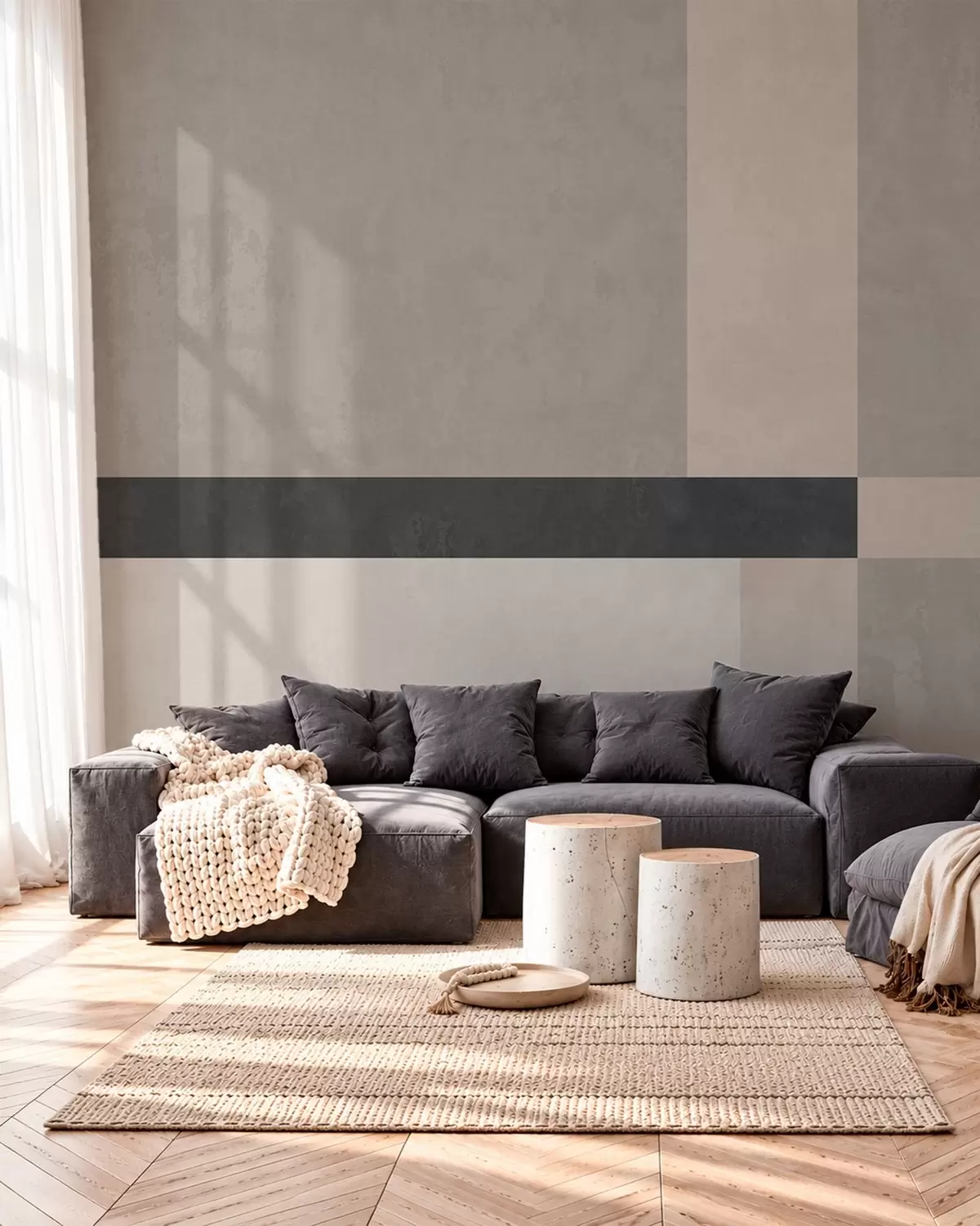 murales de pared Geometría abstracta con bloques de color beige y gris y una raya oscura w05891