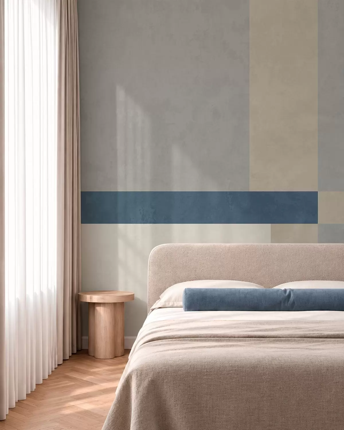 murales de pared Bloques geométricos en tonos grises y beige con una raya azul w05891v1