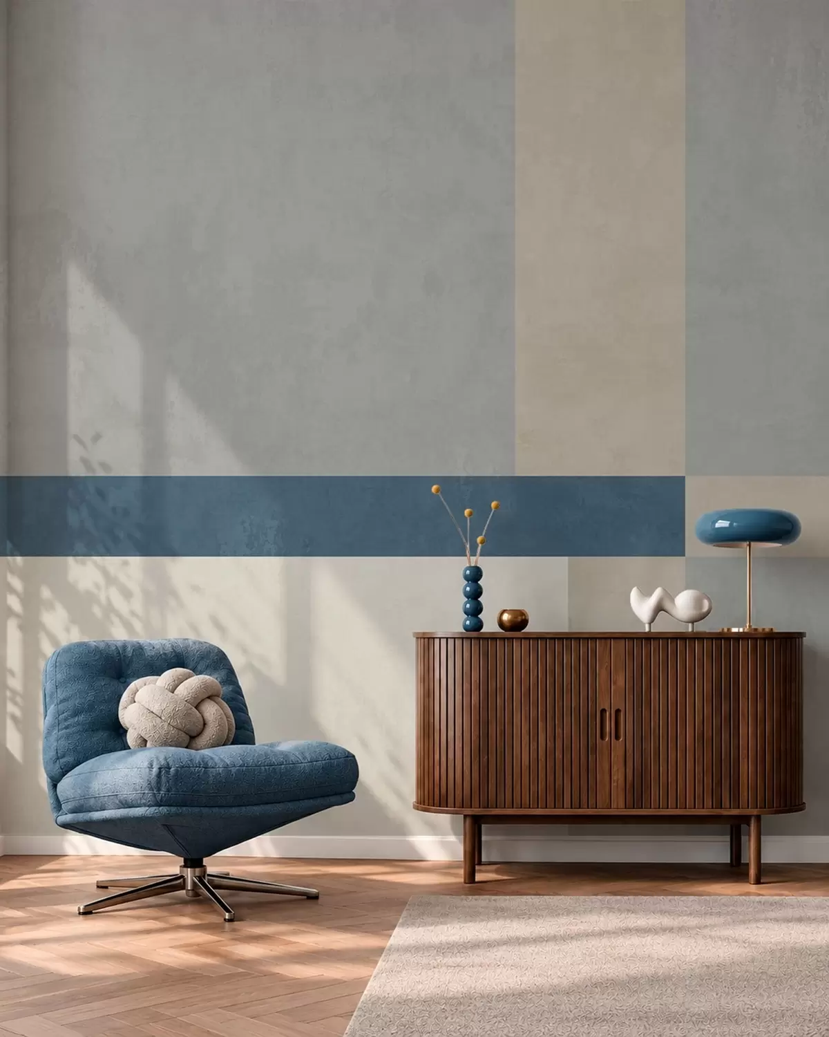 murales de pared Bloques geométricos en tonos grises y beige con una raya azul w05891v1