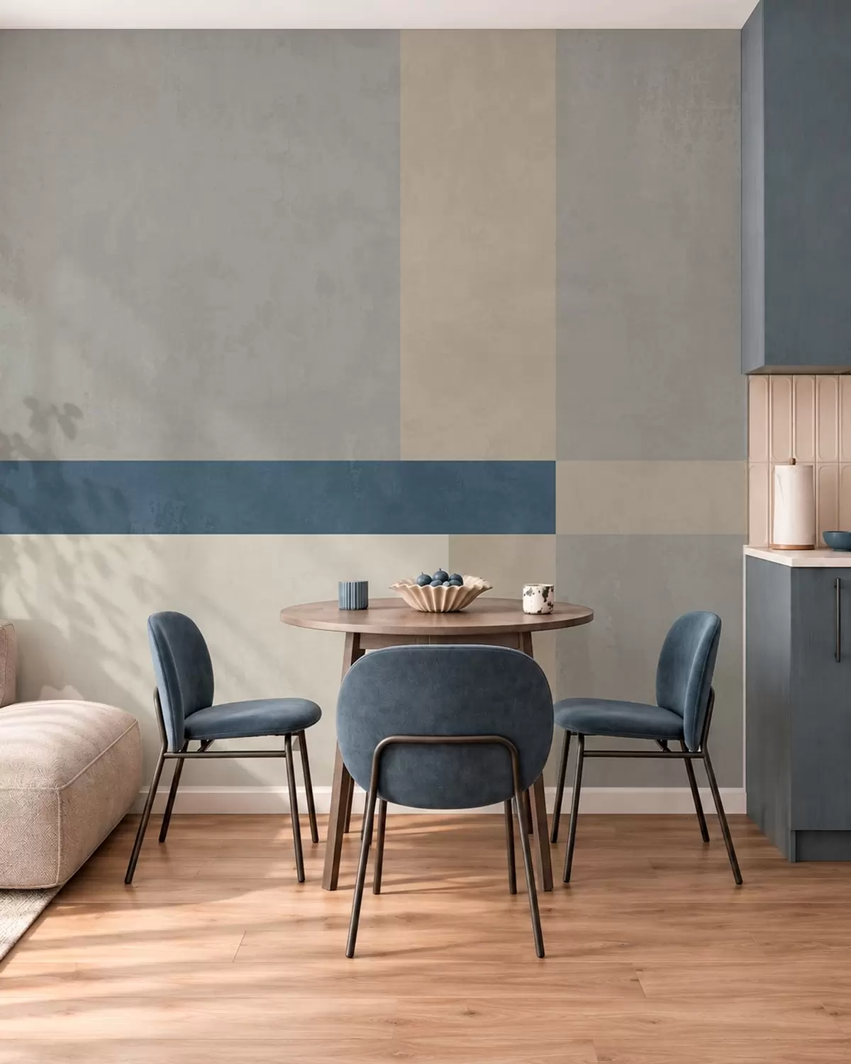 murales de pared Bloques geométricos en tonos grises y beige con una raya azul w05891v1