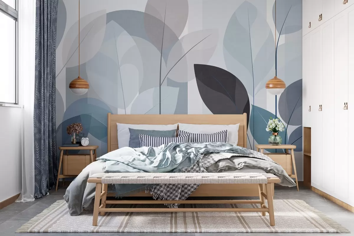 murales de pared un diseño abstracto con hojas en un estilo de tejido mate en tonos azules w05986v2