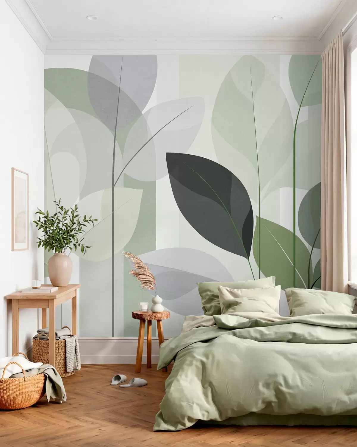 murales de pared un diseño abstracto con hojas en un estilo de tejido mate en tonos verdes w05986v1