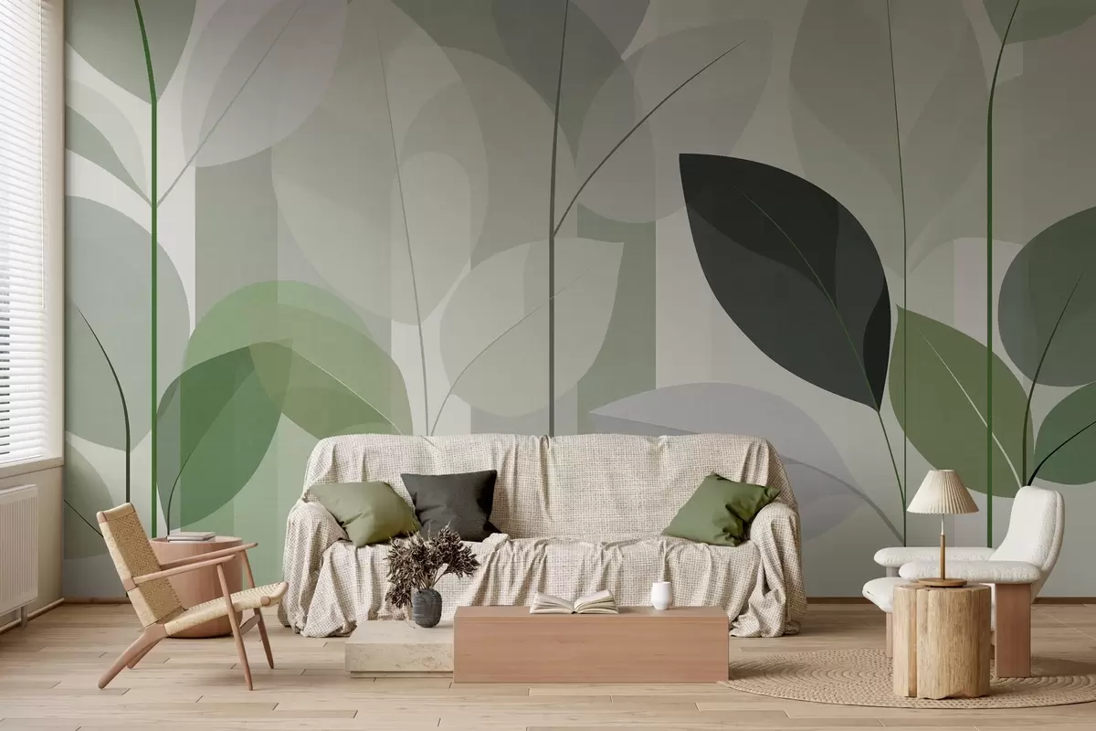 murales de pared un diseño abstracto con hojas en un estilo de tejido mate en tonos verdes w05986v1