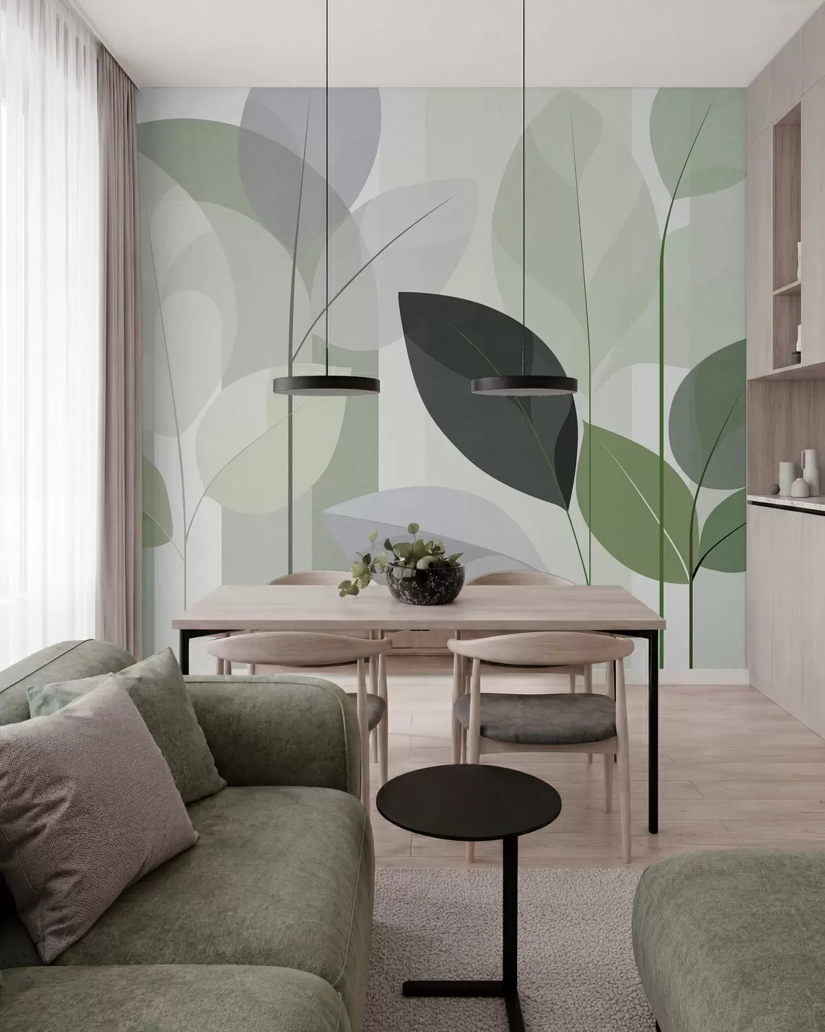 murales de pared un diseño abstracto con hojas en un estilo de tejido mate en tonos verdes w05986v1