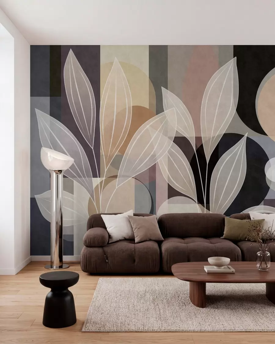 murales de pared hojas estilizadas sobre un fondo geométrico en tonos beige y colores oscuros w05987