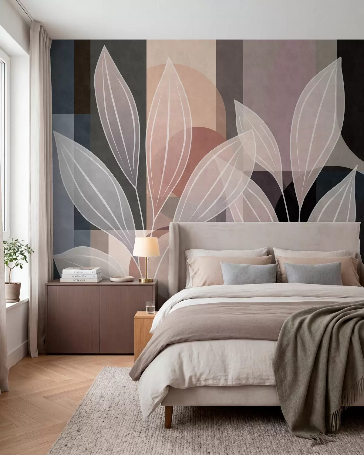 murales de pared folaje estilizado sobre un fondo geométrico en tonos empolvados y oscuros w05987v1