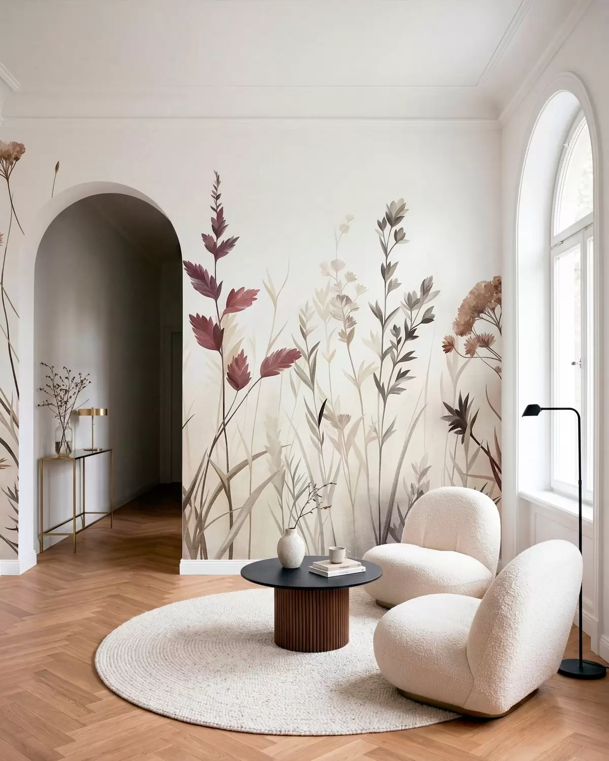 murales de pared Hierbas silvestres altas y flores silvestres en tonos tierra apagados, estética minimalista w10084
