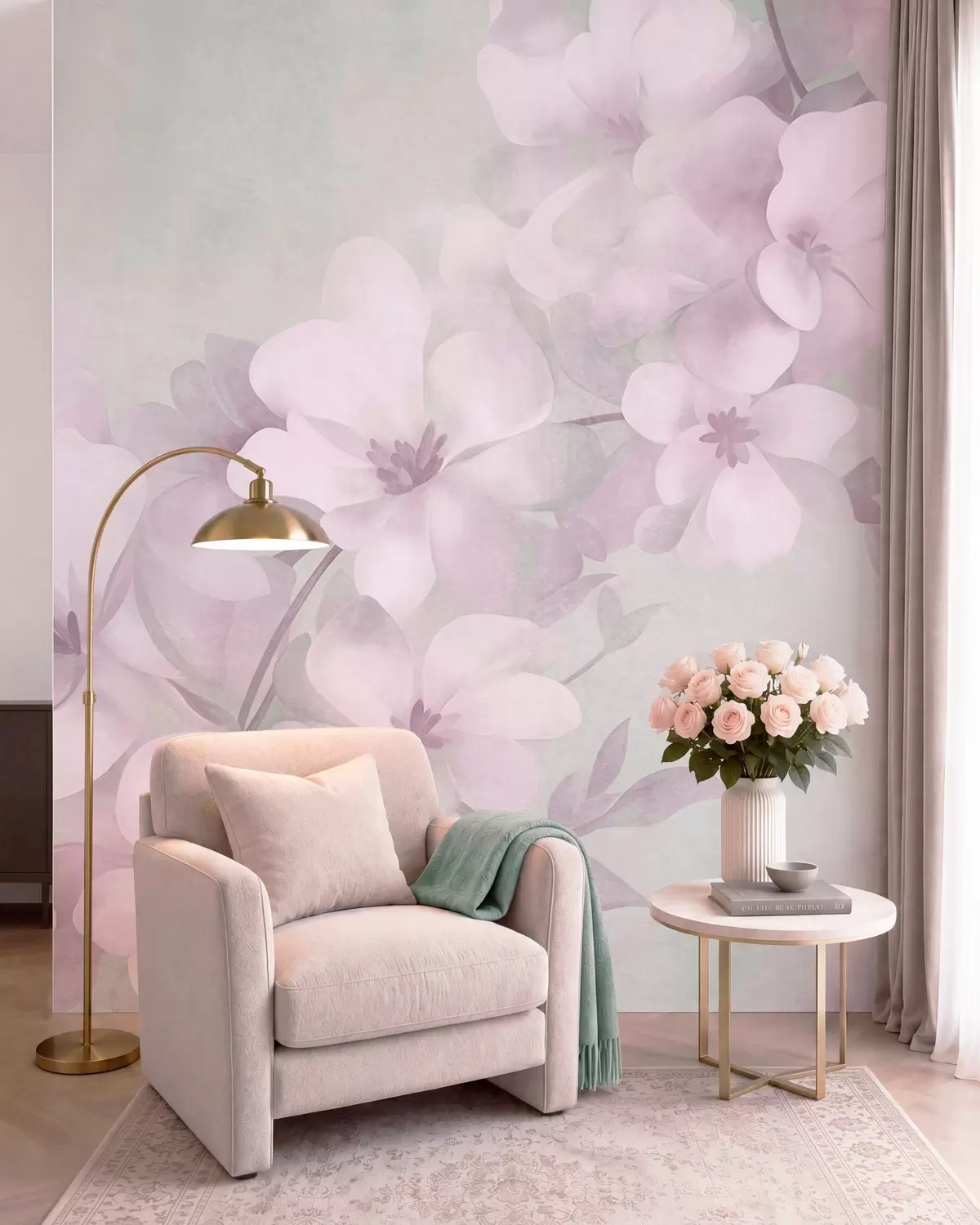 murales de pared Flores blancas en una rama, suaves tonos pastel, fondo verde claro con textura w10107v1
