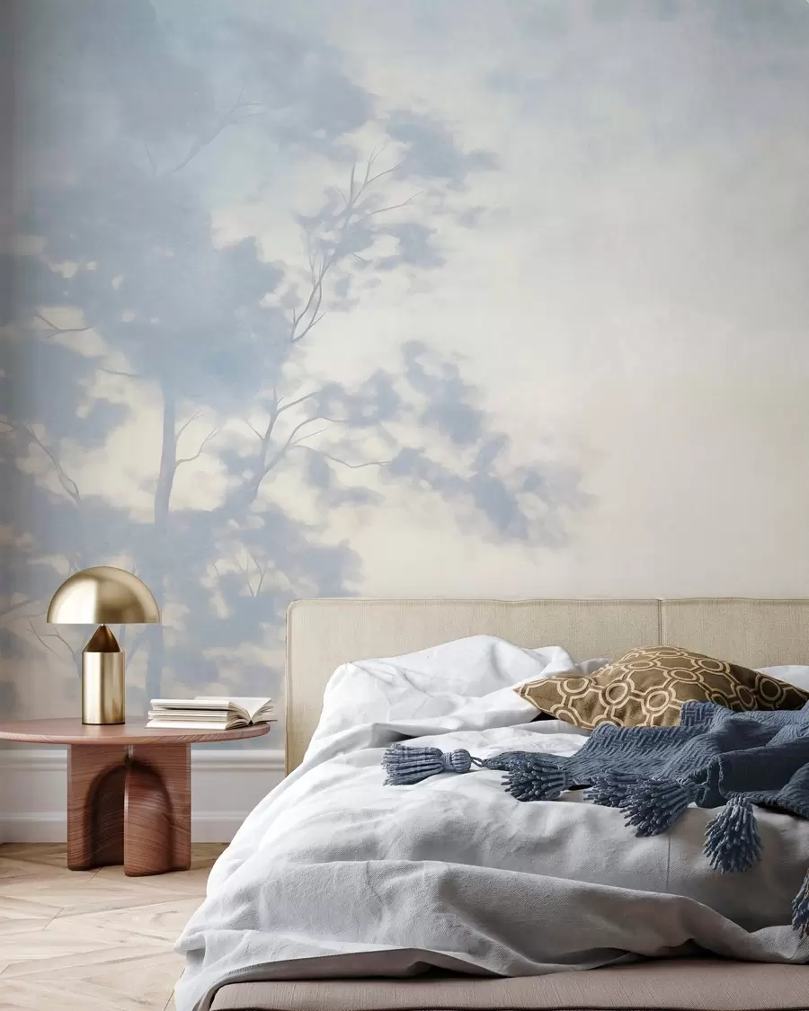 murales de pared Árbol con textura y ramas, sobre un fondo de color crema pálido y azul claro; arte minimalista w10108
