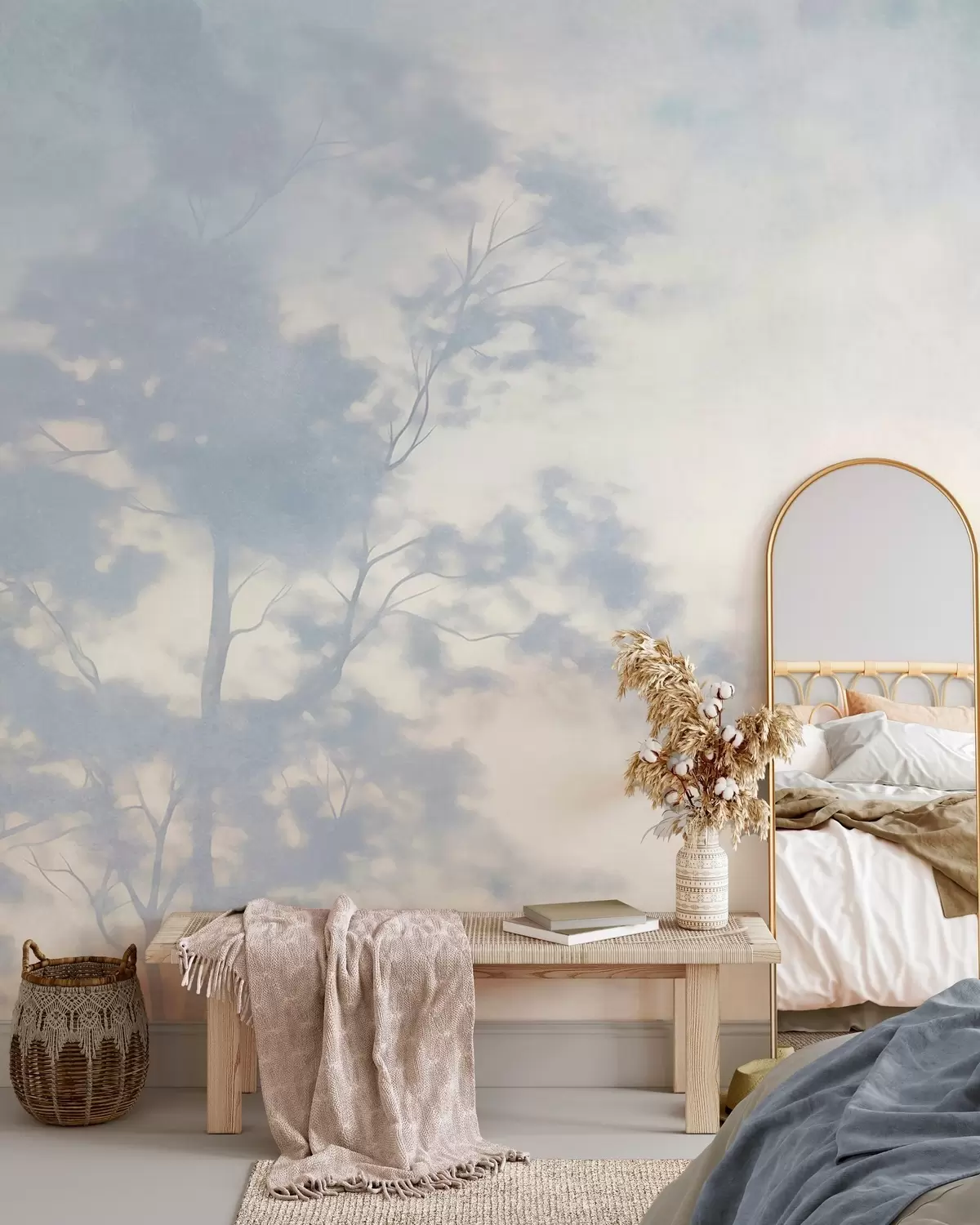 murales de pared Árbol con textura y ramas, sobre un fondo de color crema pálido y azul claro; arte minimalista w10108