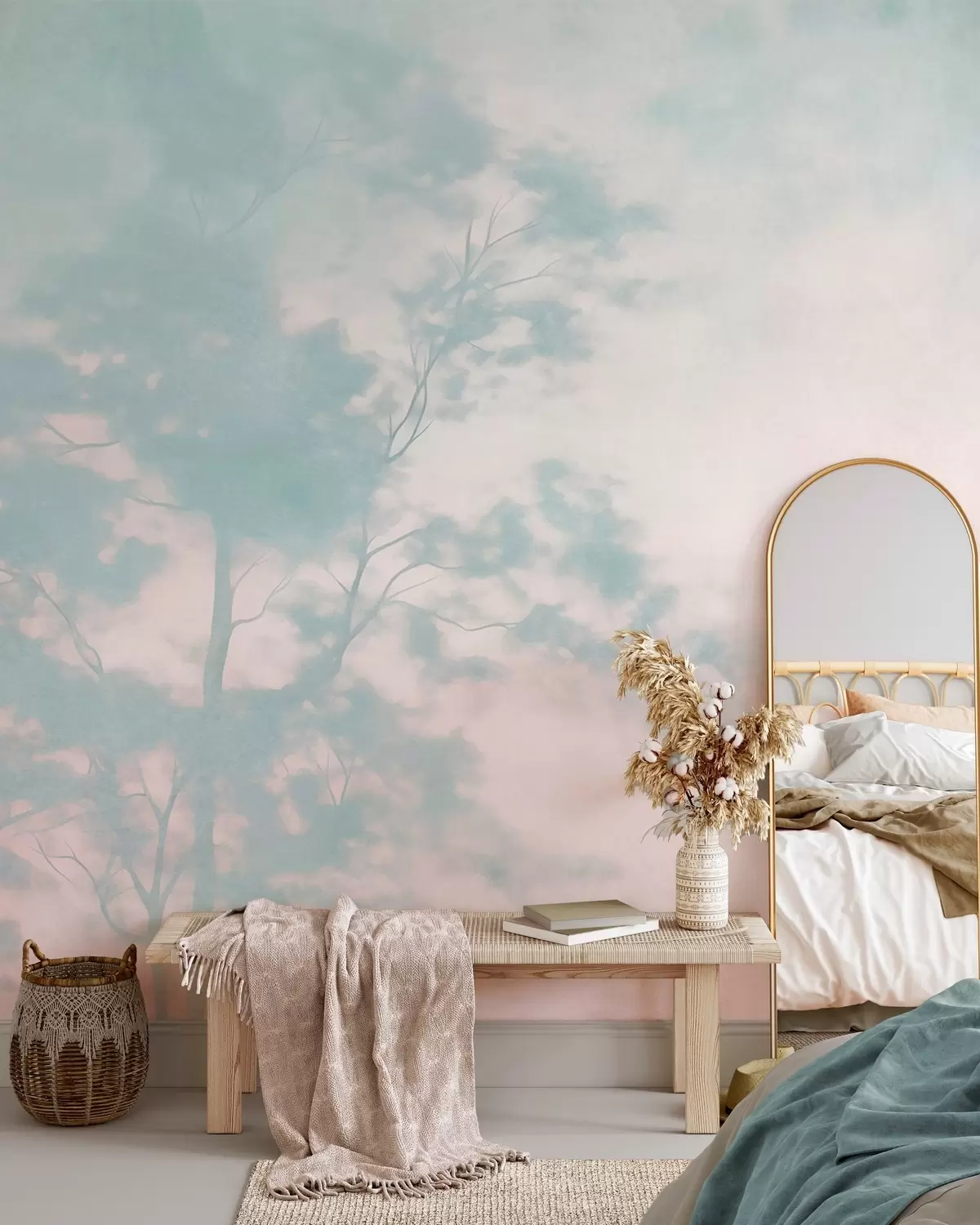 murales de pared Árbol con textura y ramas, fondo rosa pálido y turquesa, arte minimalista w10108v1