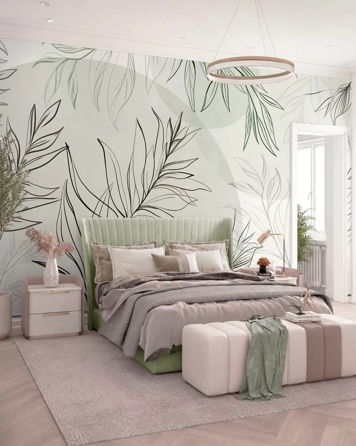 murales de pared Dibujo minimalista de hojas y follaje tropicales, con formas circulares en tonos pastel w10111v2