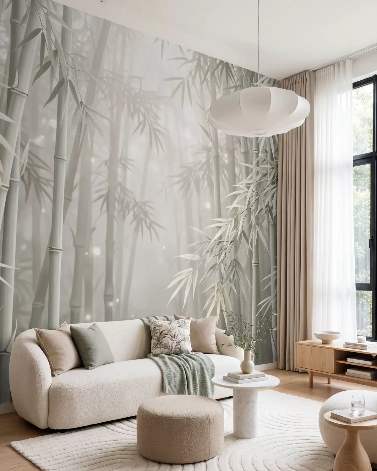 murales de pared Un bosque de bambú místico envuelto en una suave niebla, con tonos oliva apagados y blanco lechoso w10090