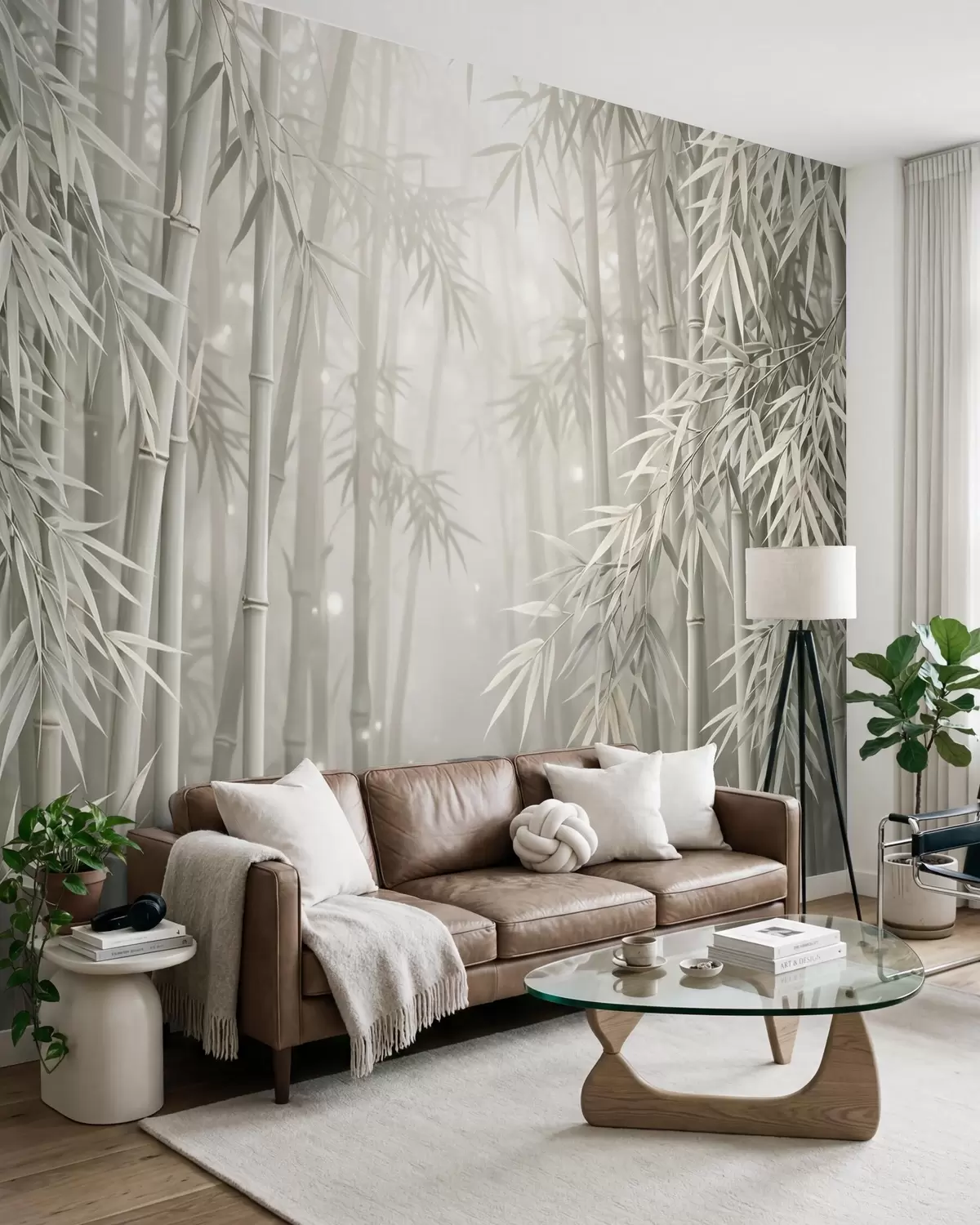 murales de pared Un bosque de bambú místico envuelto en una suave niebla, con tonos oliva apagados y blanco lechoso w10090