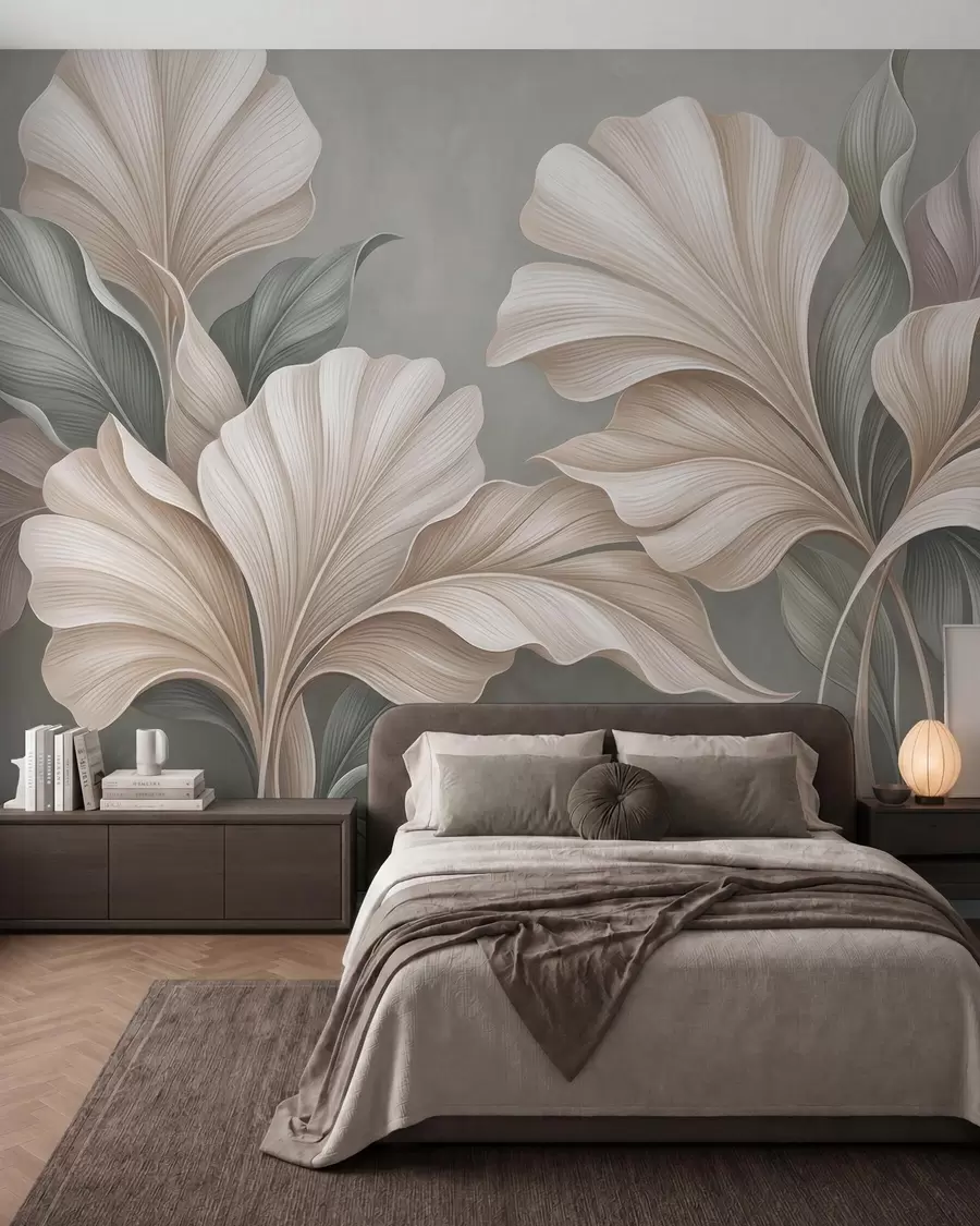 murales de pared Delicadas hojas botánicas en tonos beige natural y verde salvia w10094