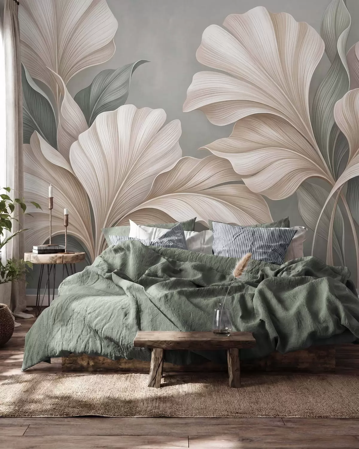 murales de pared Delicadas hojas botánicas en tonos beige natural y verde salvia w10094